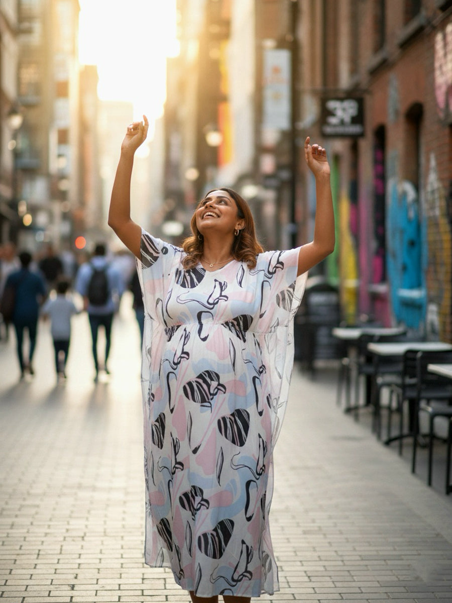Maternity & Feeding Kaftan with Abstract Print in Blush Pink, Powder Blue & Deep Black | Ziva