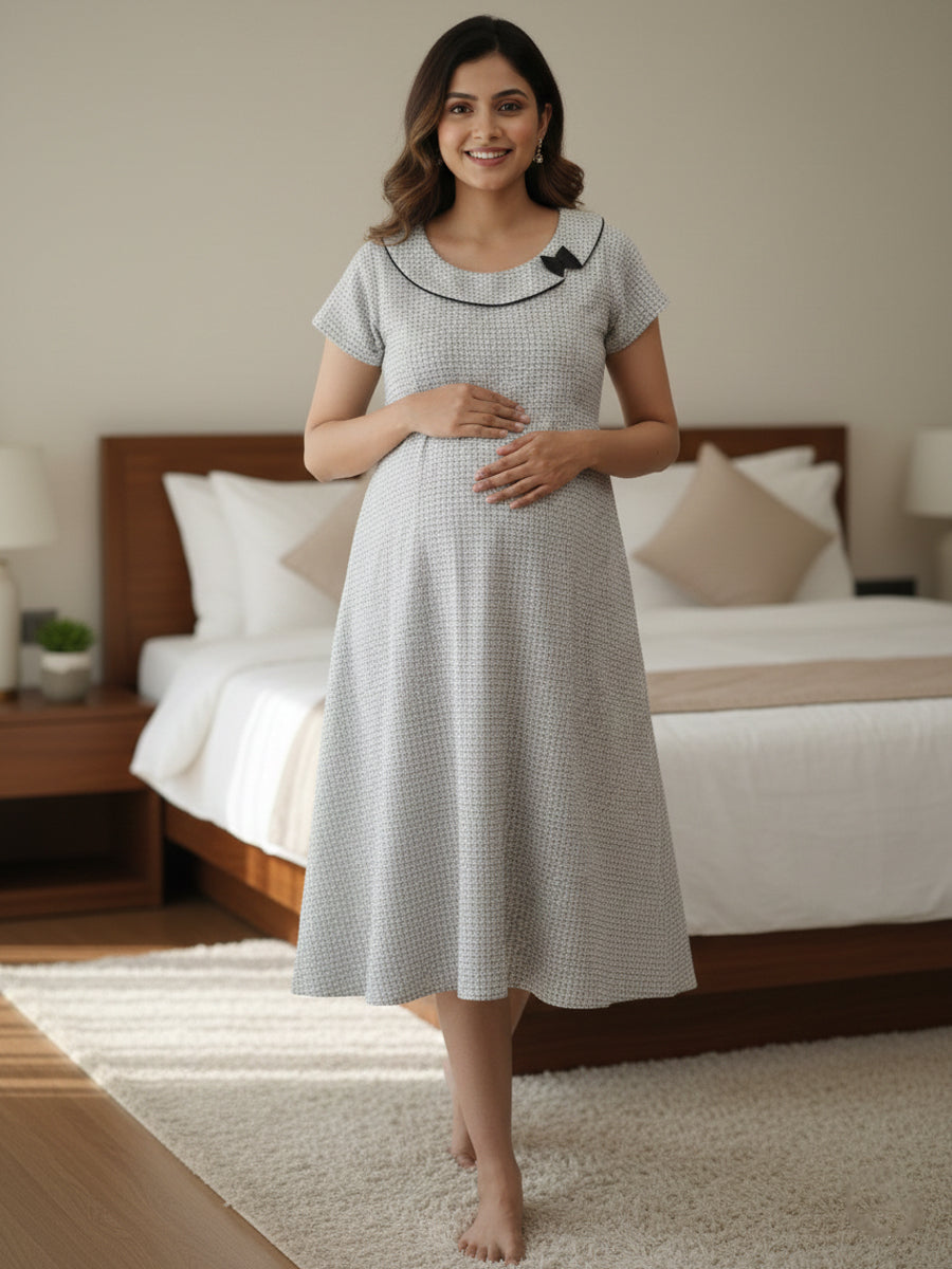 Pure Comfort Interlock Geo Maternity & Feeding Soft Cotton Short Nighty | Ziva