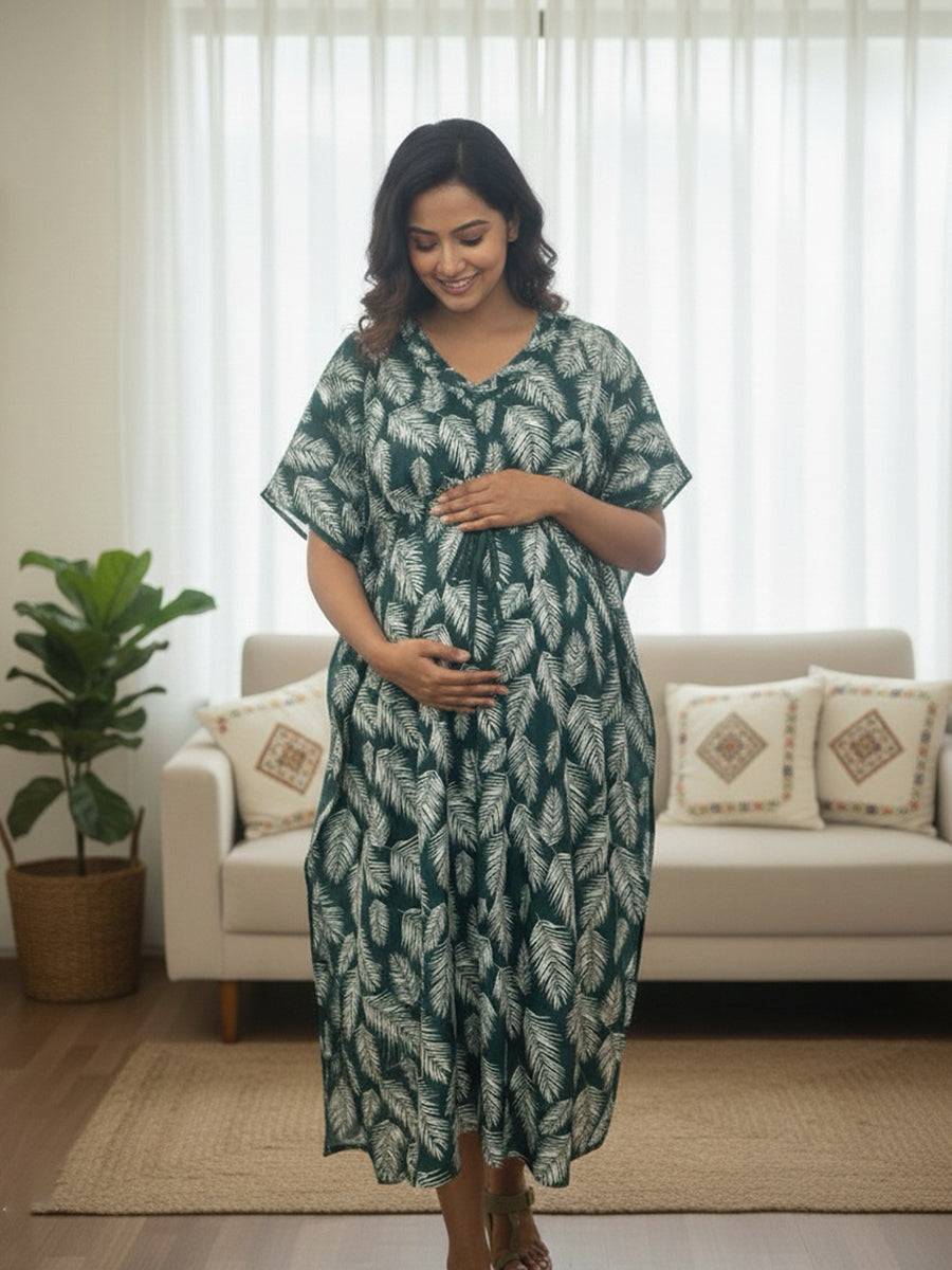 Dark Green Leaf Print Maternity & Feeding Kaftan with Dual Nursing Zips – Ziva