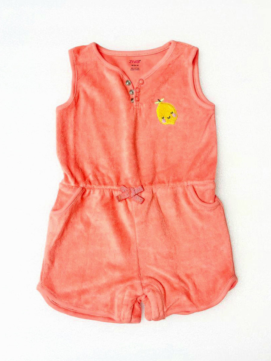 Peach Color Jumpsuit in Terry Fabric with Lemon Embroidery | 0–3M to 3Y