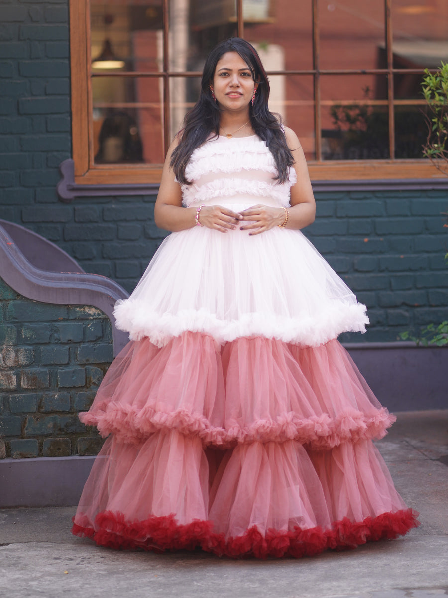 Stylish Baby Shower & Photoshoot Ombre Ruffle Pattern Maternity Gown in Pink–Peach–Red