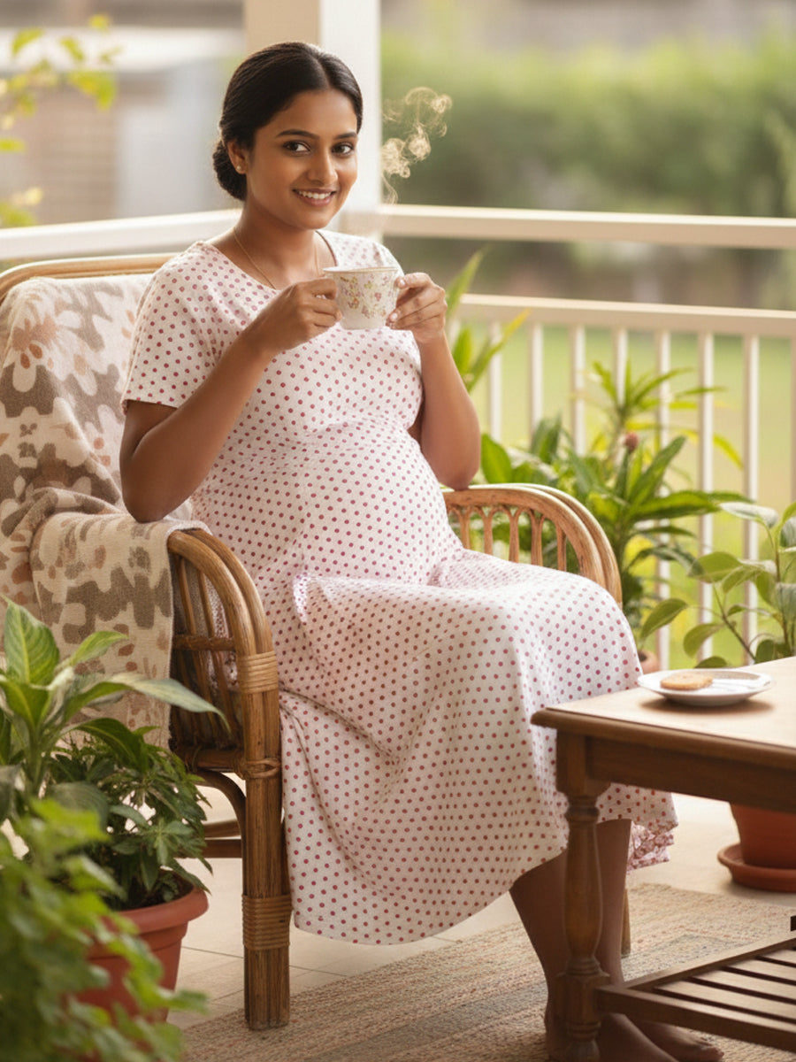 ZIVA Zipless Maternity & Feeding Dress – White with Red Polka Dot Print