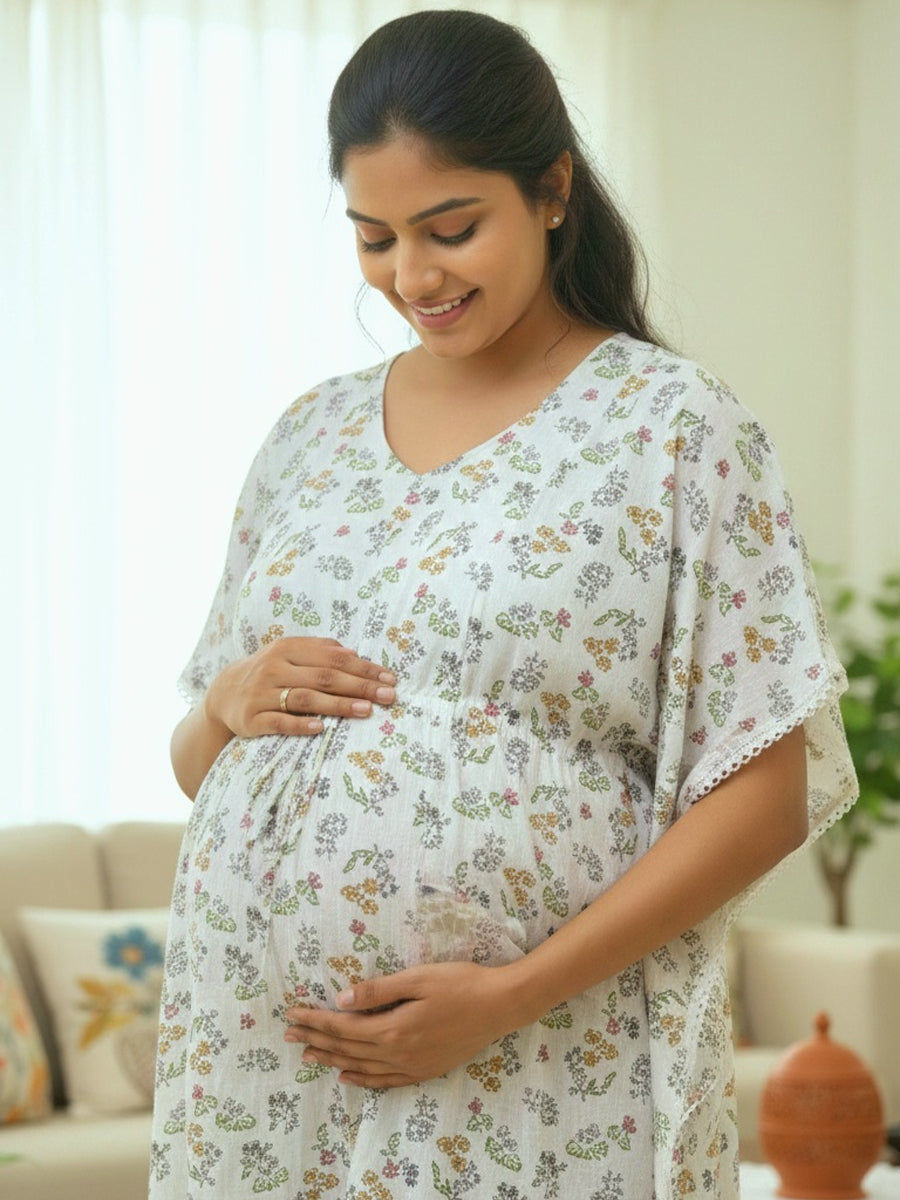 Floral Grace White Maternity & Feeding Kaftan with Print and White Lace