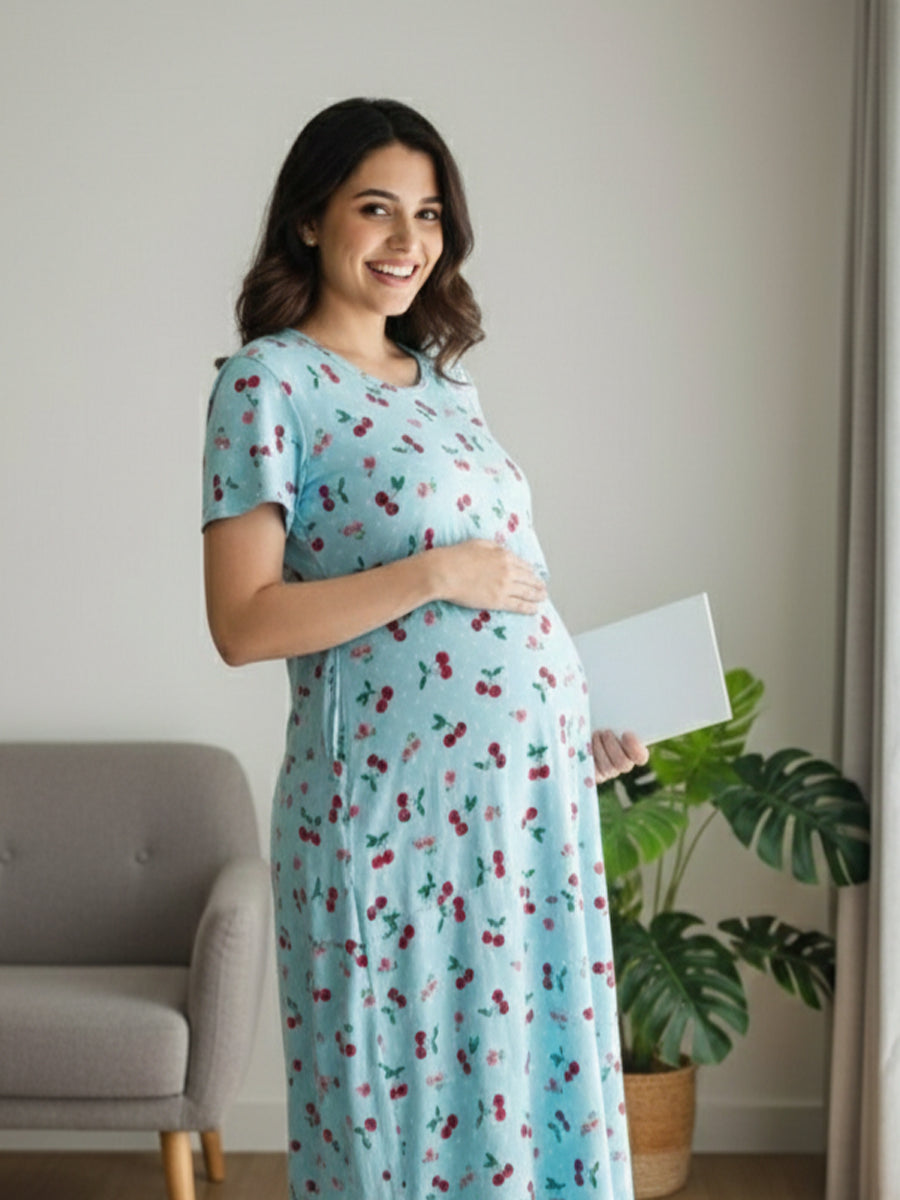 Zipless Maternity & Feeding Dress – Sky Blue Cherry Print | Ziva