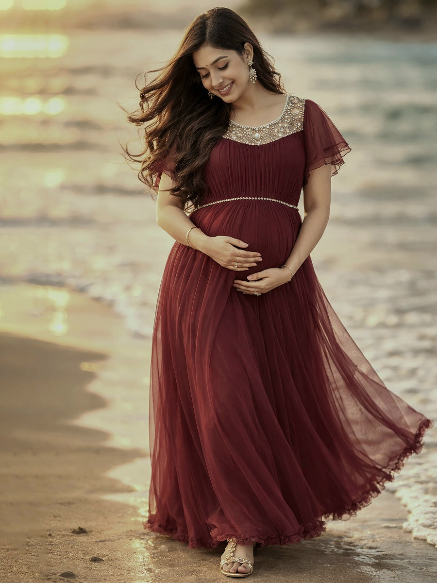 ZIVA Graceful Brown Maternity Baby Shower & Photoshoot Gown with D-Net Flutter Sleeves