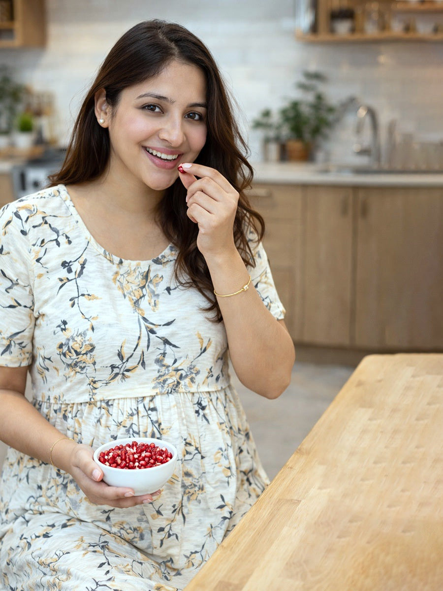 ZIVA Off White Botanical Zipless Maternity & Feeding Dress with Adjustable Tie and Side Pocket