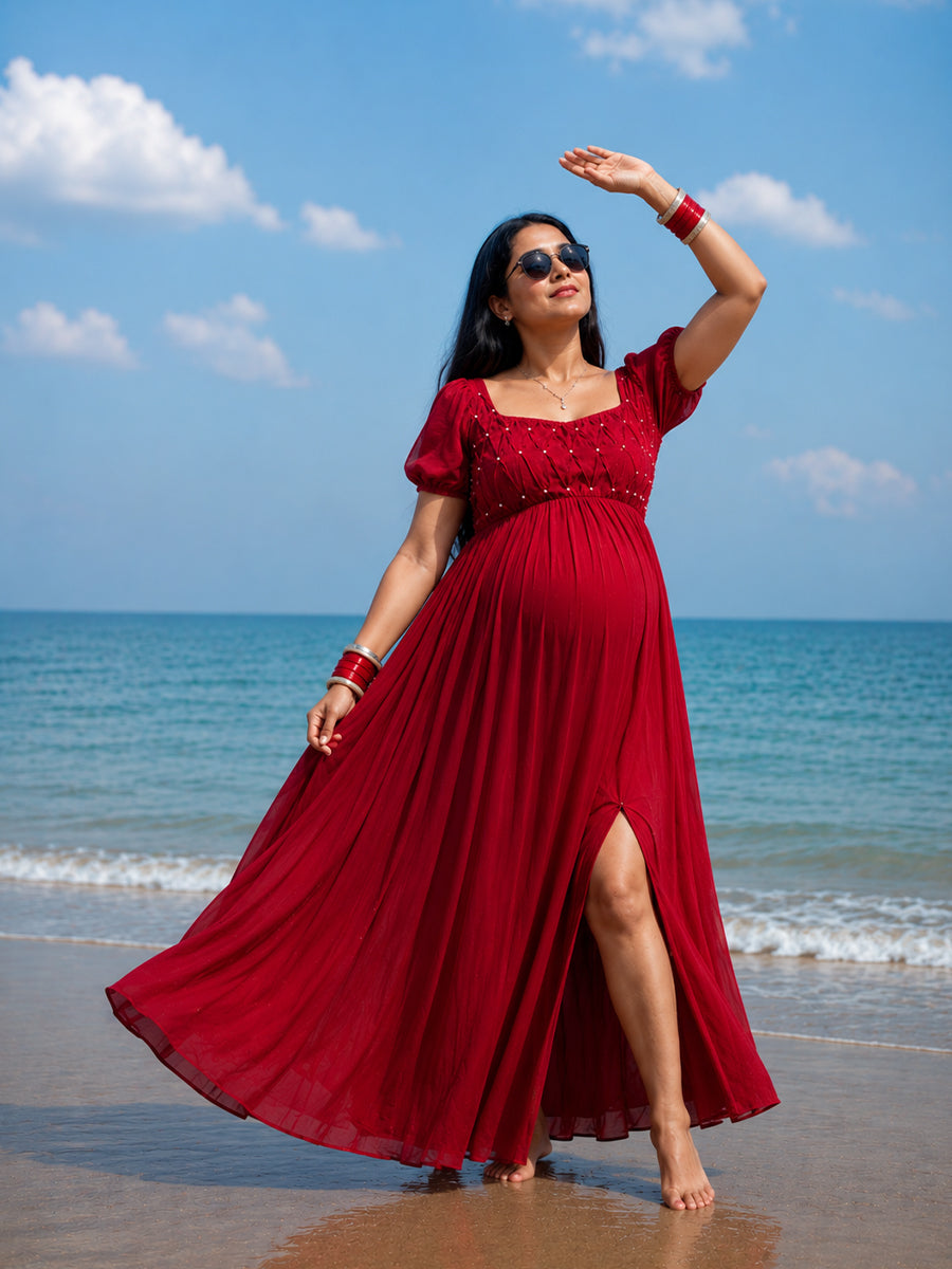 Ziva Cherry Red Multipurpose Maternity Photoshoot & Baby Shower Gown | Full-Length Gown