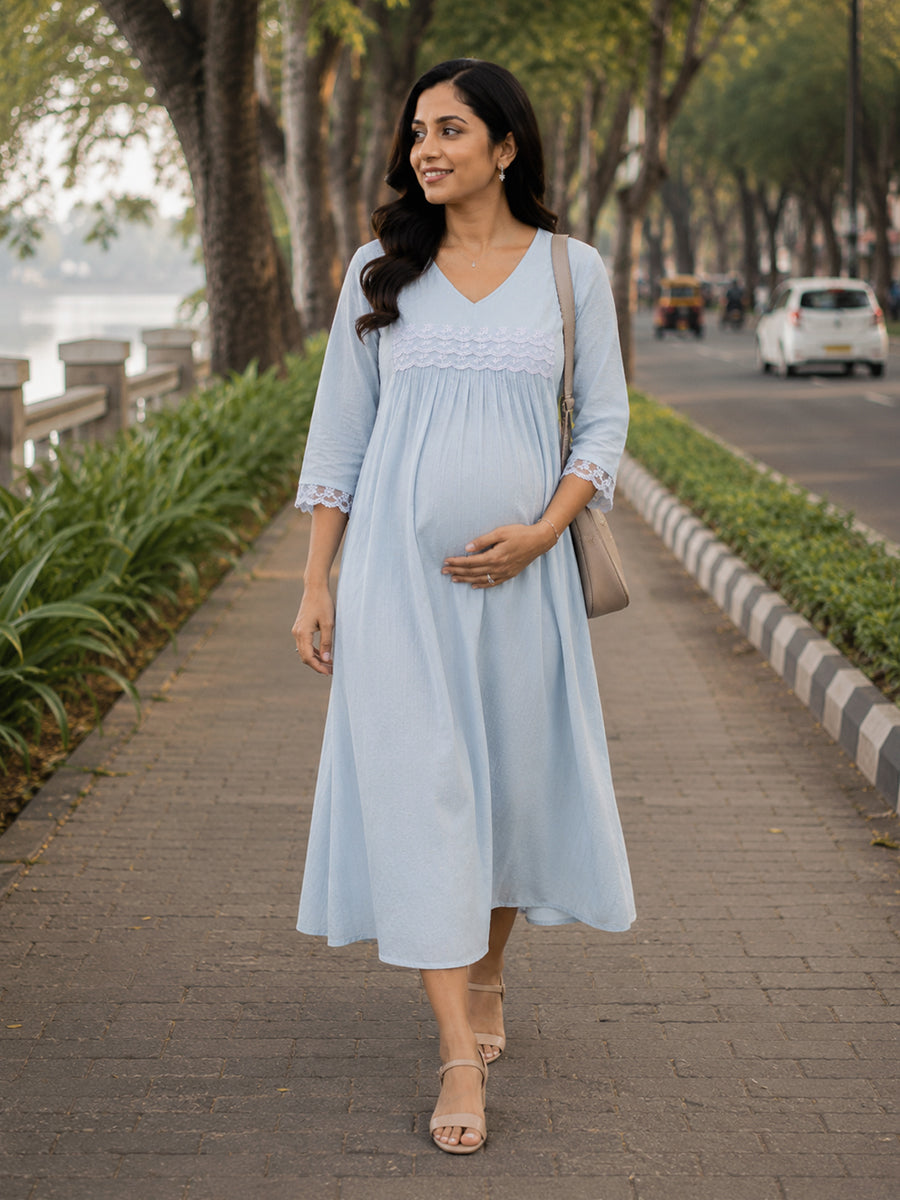 Ziva Maternity & Feeding Slub Grain Textured Dress with Invisible Feeding Zips, Crochet Lace Detailing & Pocket – Powder Blue