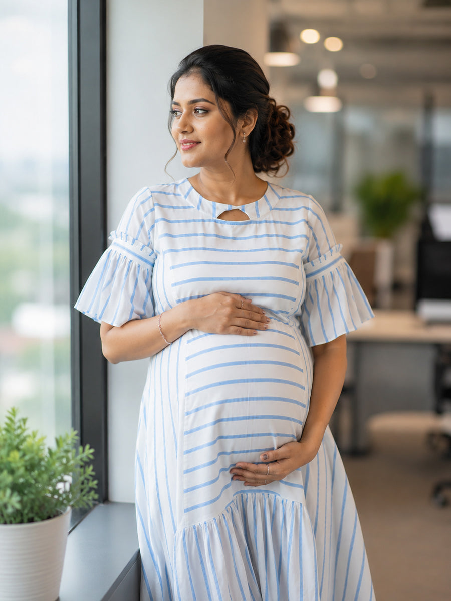 Ziva Maternity & Feeding Premium Rayon Dress with Decorative Neckline, Adjustable Side Ties & Pocket – White with Blue Stripes