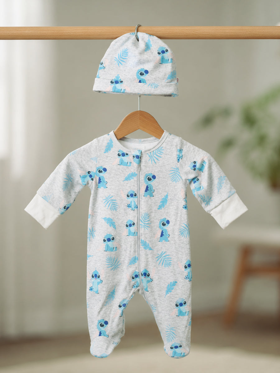 Ziva Knitted Cotton Baby Sleepsuit with Cap – Cartoon Character & Tropical Leaf Print | Heather Grey & Sky Blue