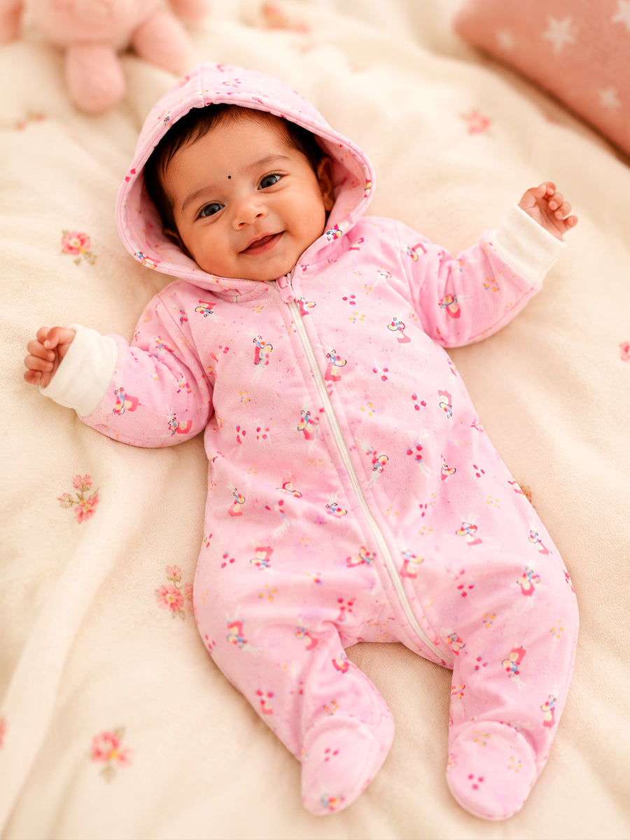 Ziva Hooded Knitted Cotton Baby Sleepsuit – Bunny Girl Print | Baby Pink