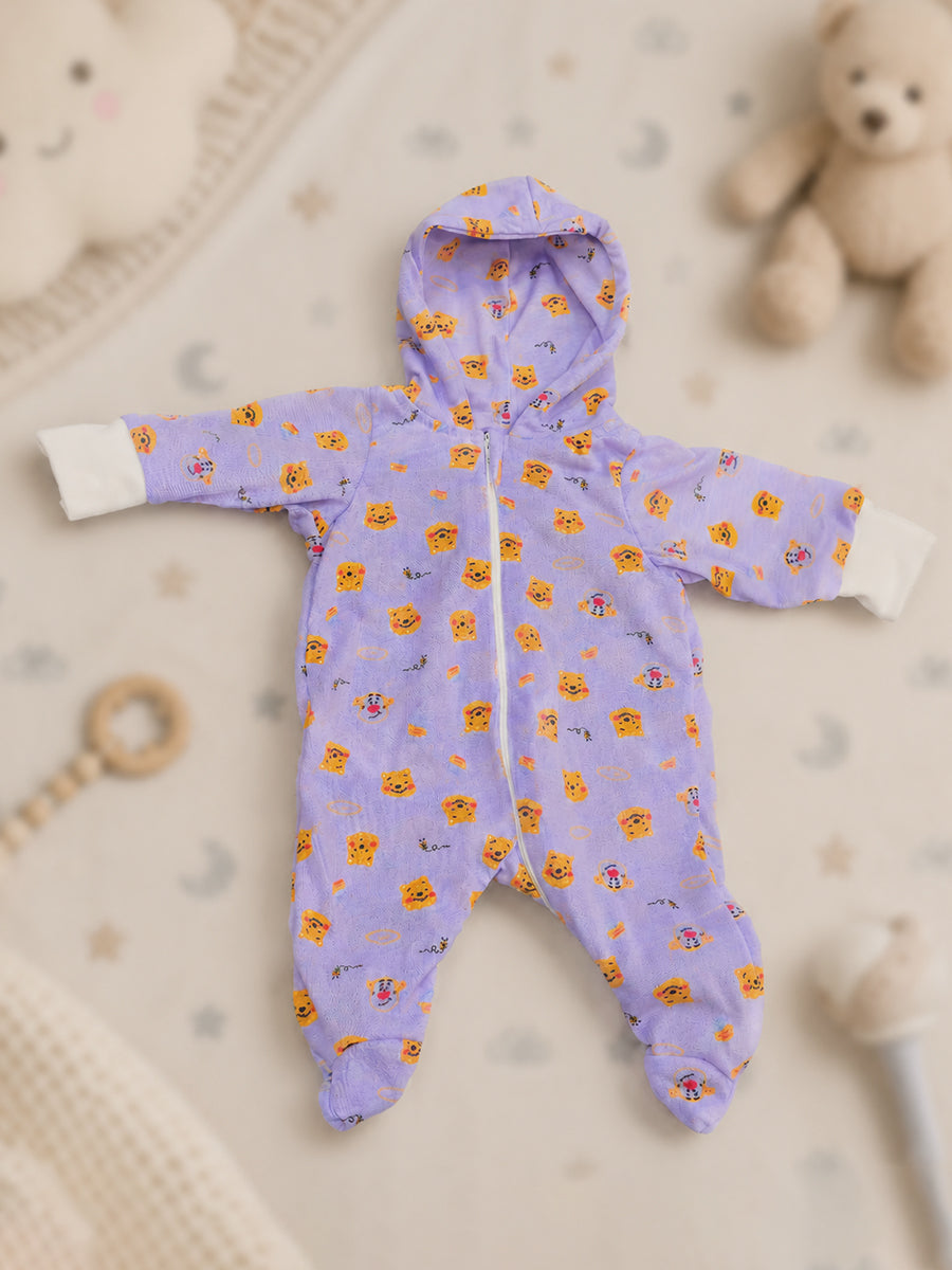 Ziva Hooded Knitted Cotton Baby Sleepsuit – Teddy & Koala Print | Soft Lavender Purple