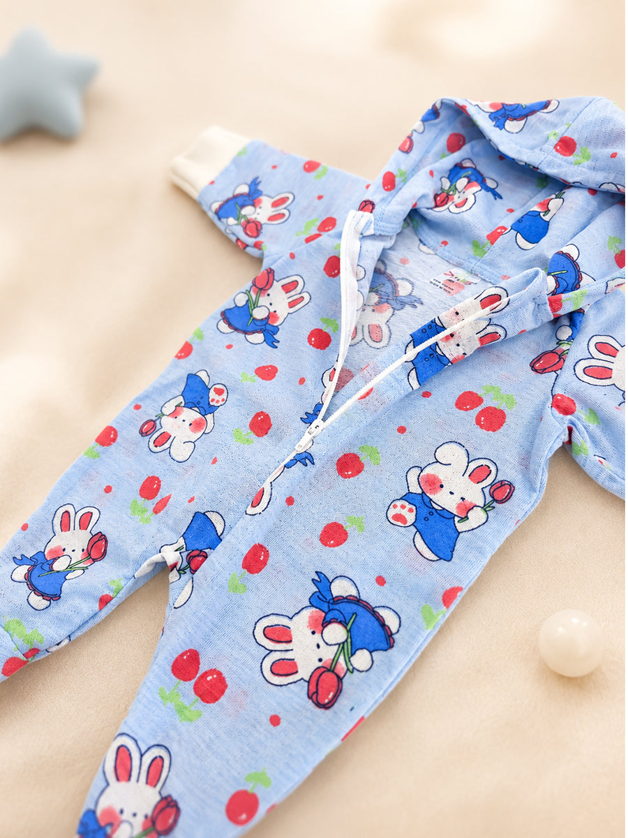 Ziva Hooded Knitted Cotton Baby Sleepsuit  – Bunny & Cherry Friends Print | Baby Blue