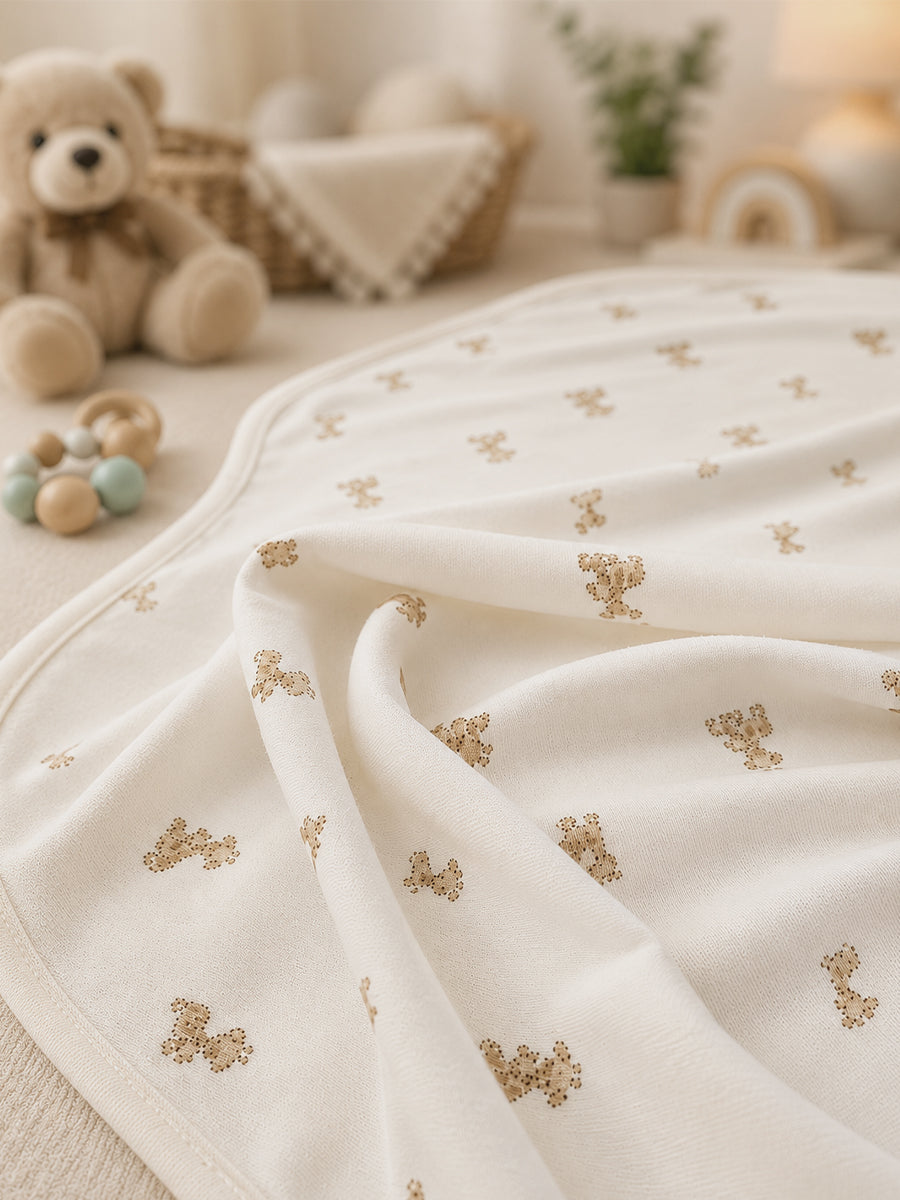 Ziva Baby Blanket – Off White | Tiny Teddy Parade Print | Knitted Cotton