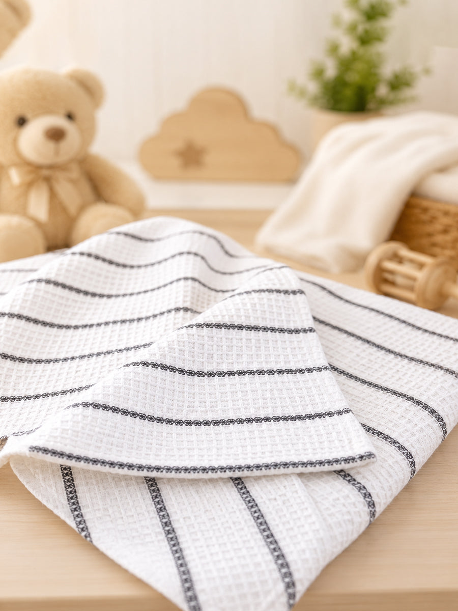 Ziva Baby Bath Towel – White | Light Black Stripe Print | Cotton | Square Grid Cotton Weave