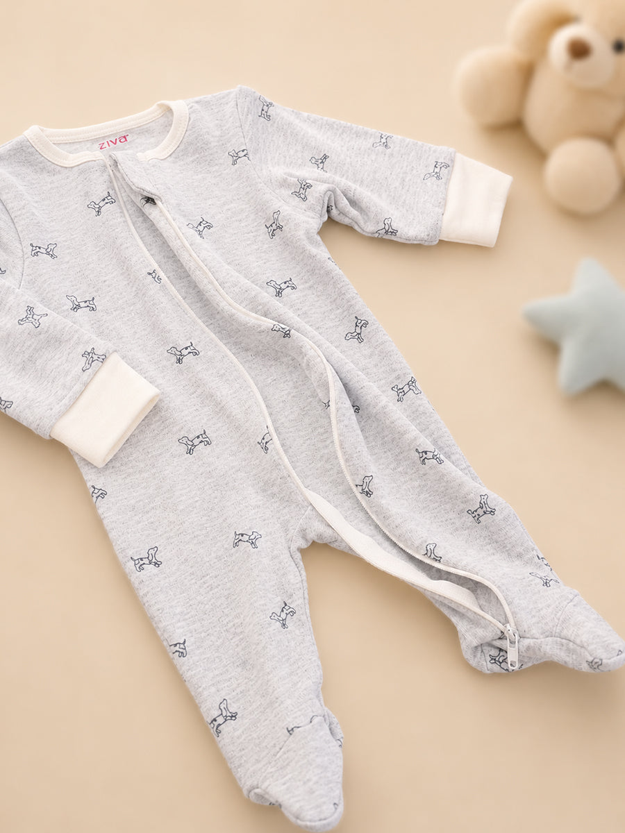 Ziva Knitted Cotton Baby Sleepsuit with Cap – Puppy Outline Print | Cloud Grey