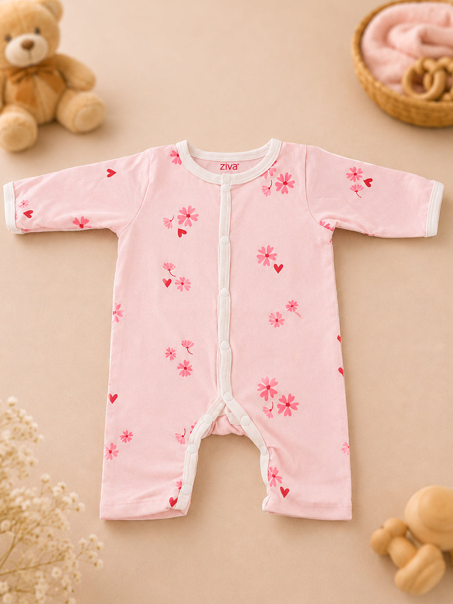 Ziva Baby Jumpsuit – Soft Baby Pink | Daisy Blossom & Heart Print | Knitted Cotton | Front Open Snap Button