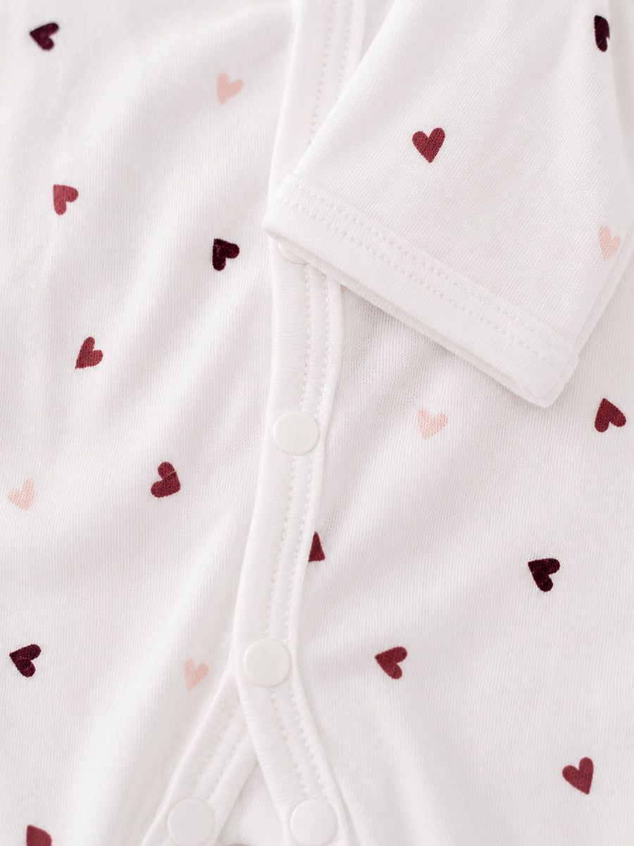 Ziva Baby Jumpsuit – White | Tiny Sweet Hearts Print | Knitted Cotton | Front Open Snap Button