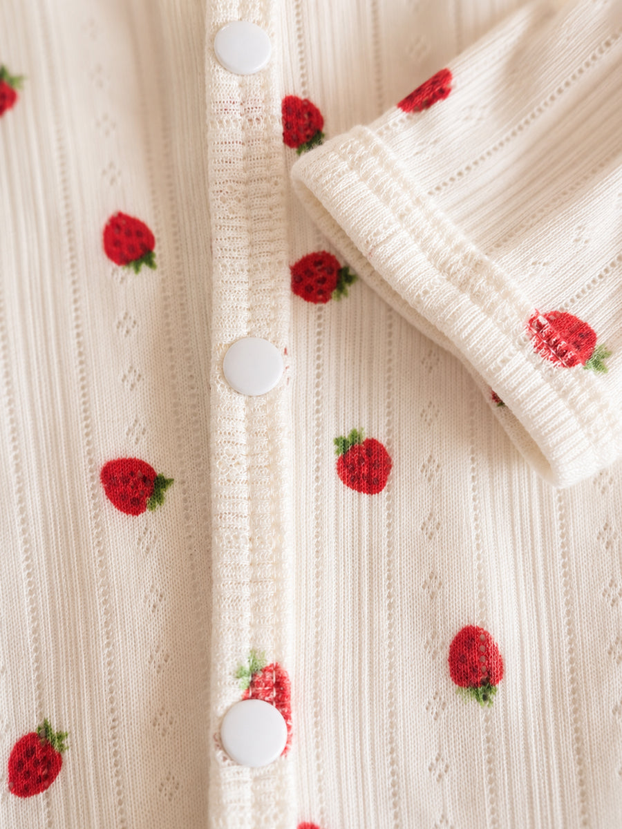 Ziva Baby Jumpsuit – Warm Cream | Tiny Strawberry Pointelle Print | Knitted Cotton Pointelle | Front Open Snap Button