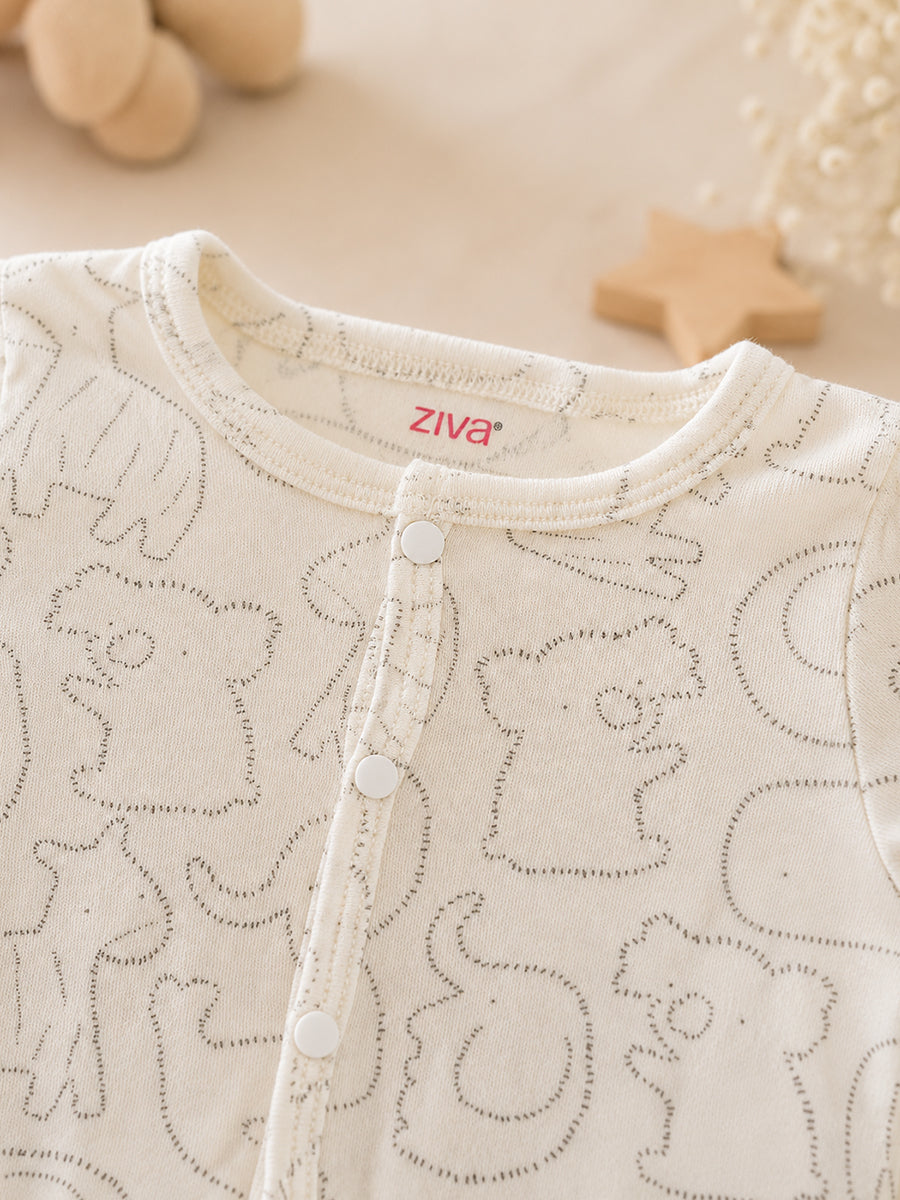 Ziva Baby Jumpsuit – Light Cream | Safari Animal Outline Print | Knitted Cotton | Front Open Snap Button