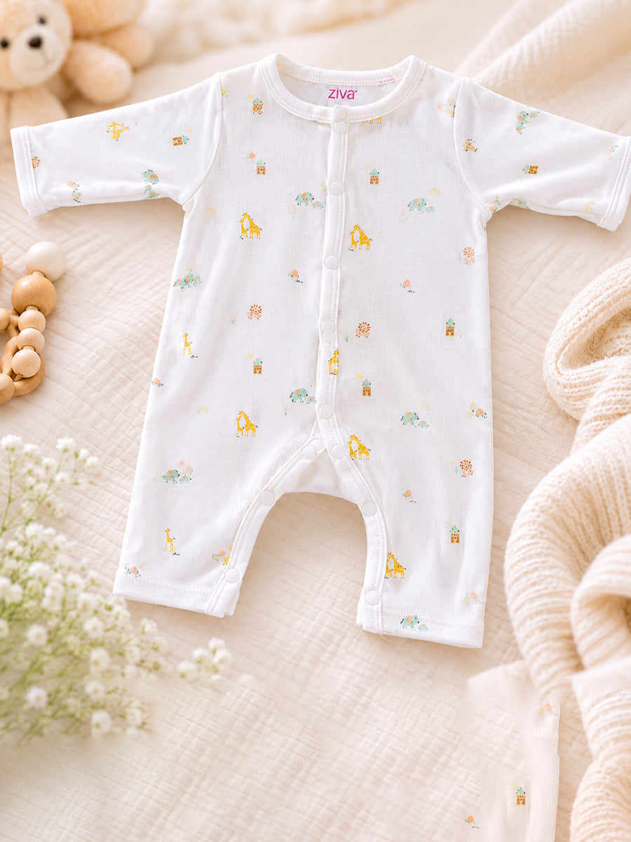 Ziva Baby Jumpsuit – White | Safari Mini Adventure Print | Knitted Cotton | Front Open Snap Button