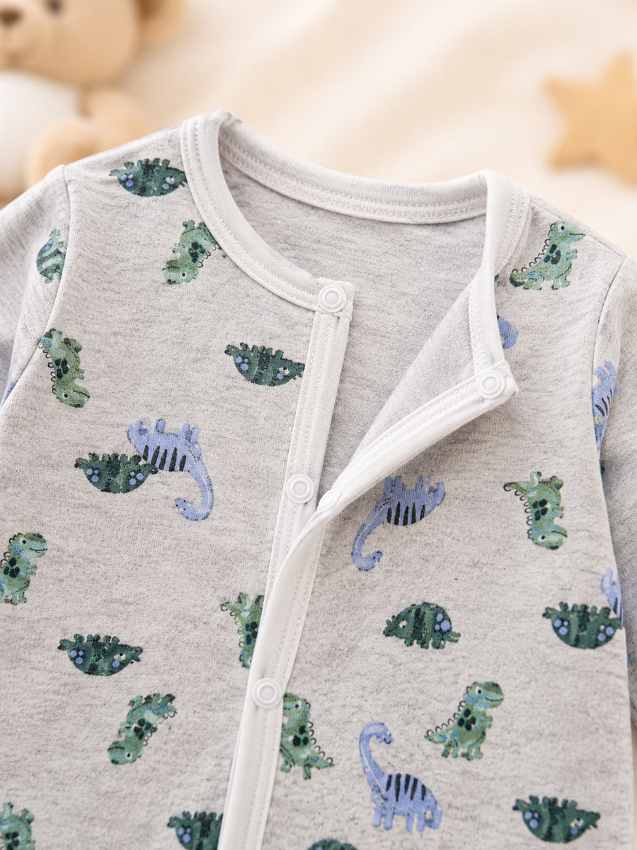 Ziva Baby Jumpsuit – Light Ash | Safari Dinosaur Print | Knitted Cotton | Front Open Snap Button