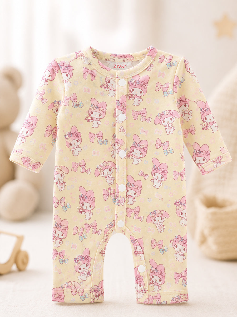 Ziva Baby Jumpsuit – Soft Butter Yellow | Pink My Melody Garden Print | Knitted Cotton | Front Open Snap Button