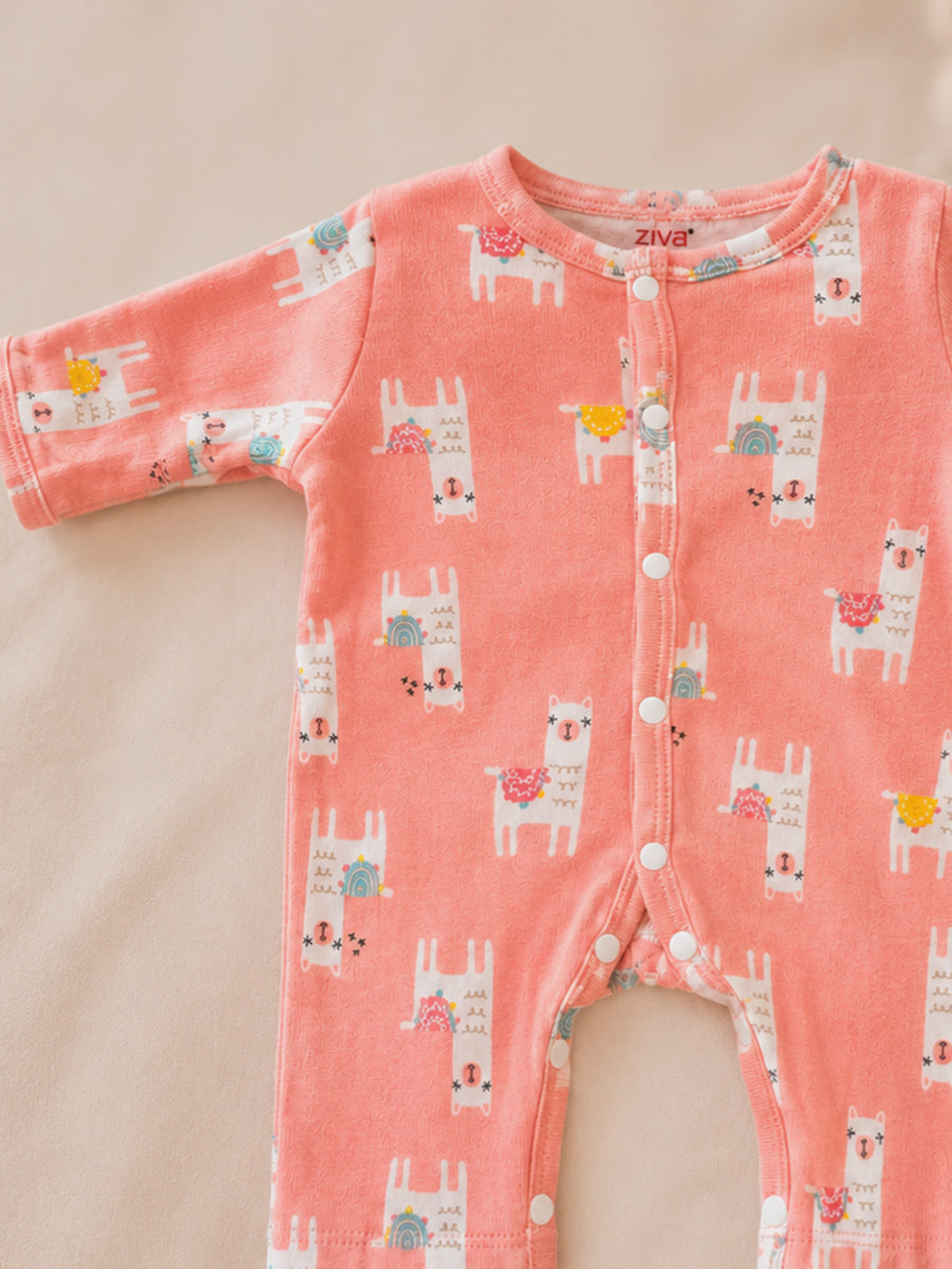 Ziva Baby Jumpsuit – Soft Peach Pink | Pastel Llama Parade Print | Knitted Cotton | Front Open Snap Button