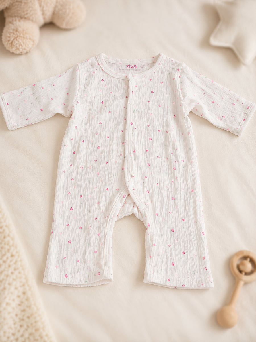 Ziva Baby Jumpsuit – Off White | Tiny Pastel Heart Sprinkle Print | Soft Waffle Knitted Cotton | Front Open Snap Button
