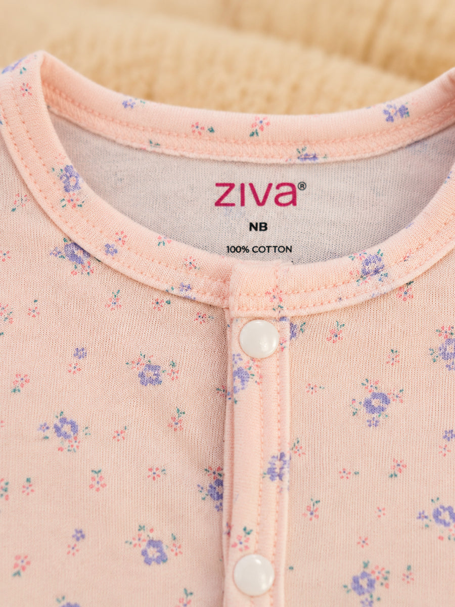 Ziva Baby Jumpsuit – Baby Rose Pink | Tiny Floral Blossom Print | Knitted Cotton | Front Open Snap Button