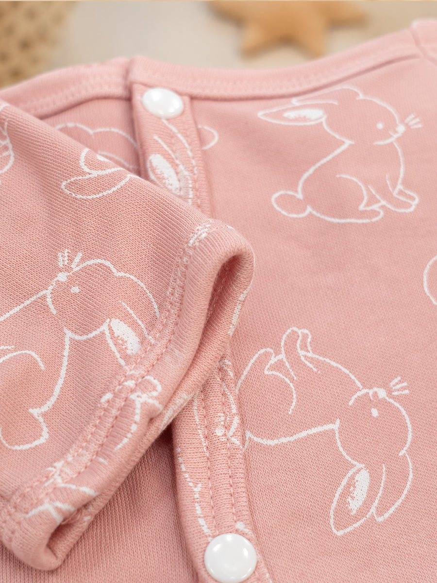 Ziva Baby Jumpsuit – Dusty Rose Pink | Bunny Print | Knitted Cotton | Front Open Snap Button