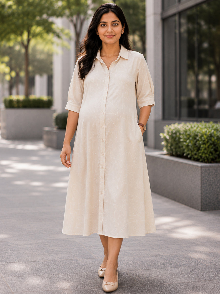 Ziva Maternity & Feeding Shirt Dress with Full Button Opening & Pocket – Beige with White Geometrical Print