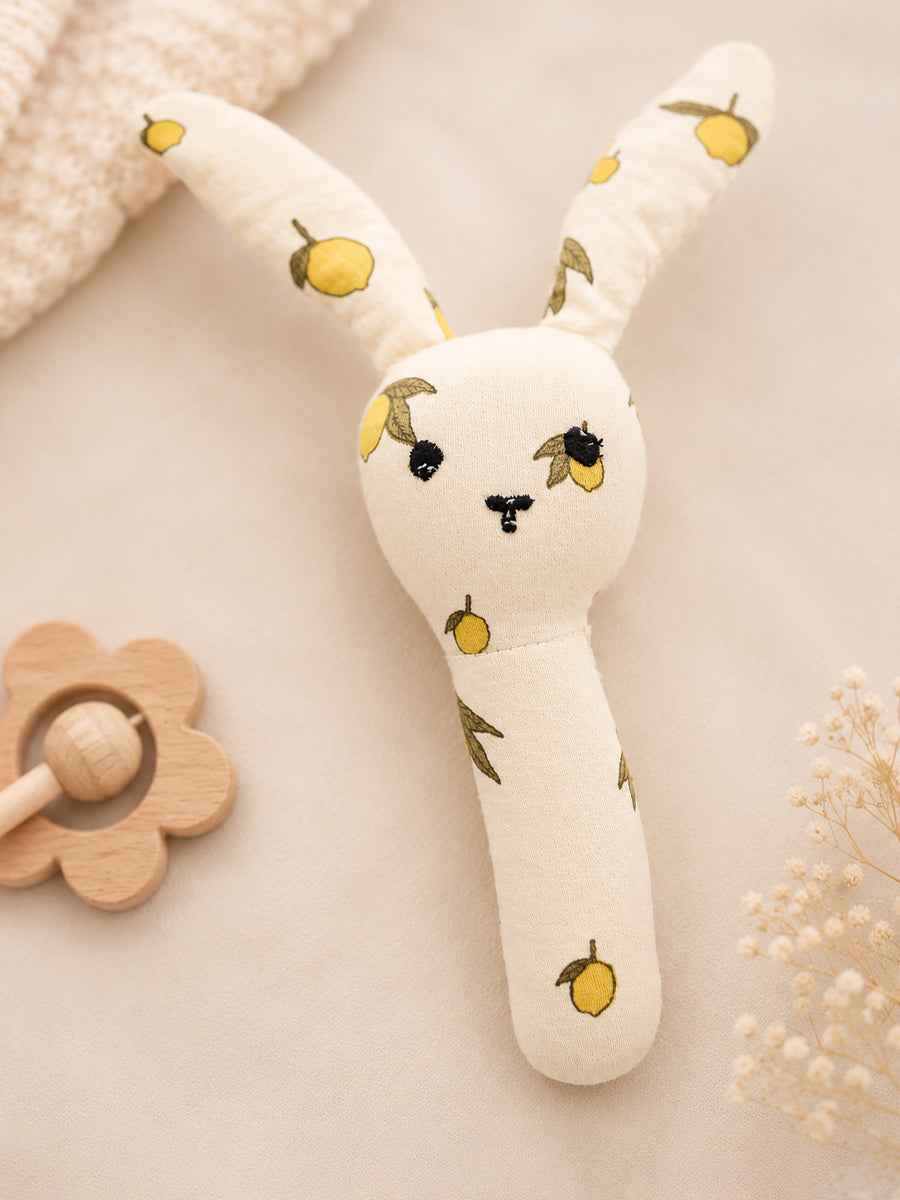 Ziva Baby Organic Cotton Bunny Hand Rattle – Cream | Lemon Fruit Print