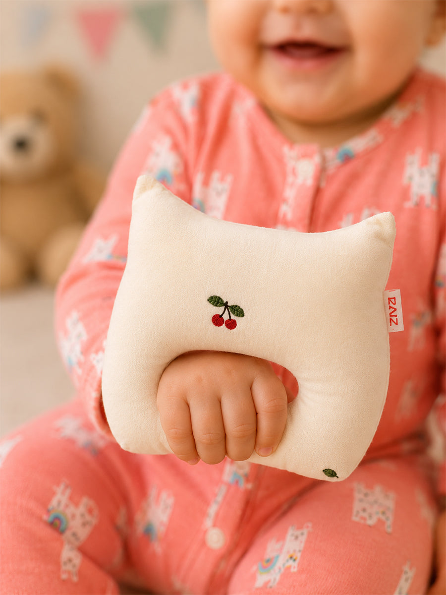 Ziva Baby Organic Cotton Cat Soft Toy Hand Rattle – Cream | Cherry Print