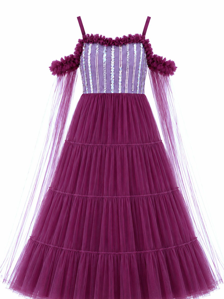 Ziva Maternity Photoshoot & Baby Shower Net Gown with Sequin Bodice & Flowing Cape Sleeves – Wine