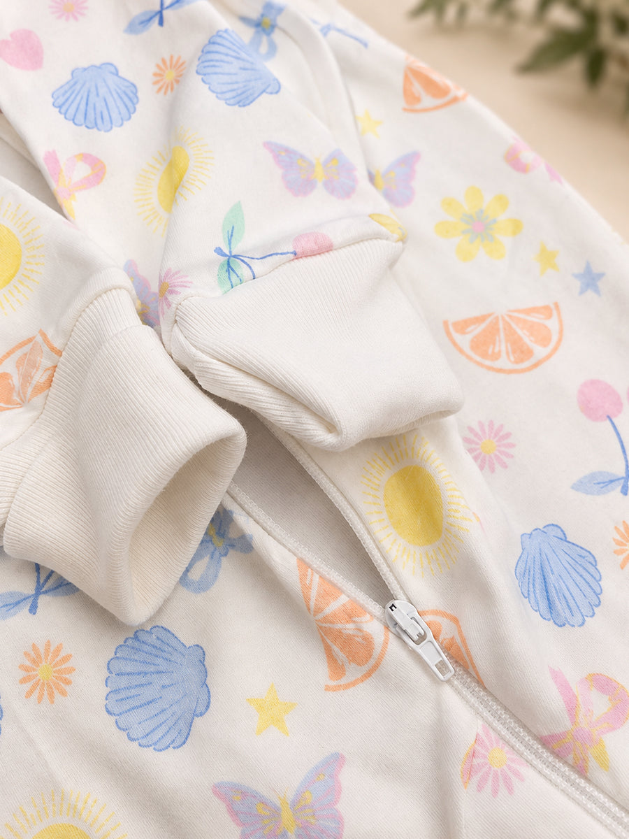 Ziva Baby Sleepsuit with Cap – Knitted Cotton Front Zip, Fold-Over Mittens & Integrated Booties | Pastel Coastal Bloom Print