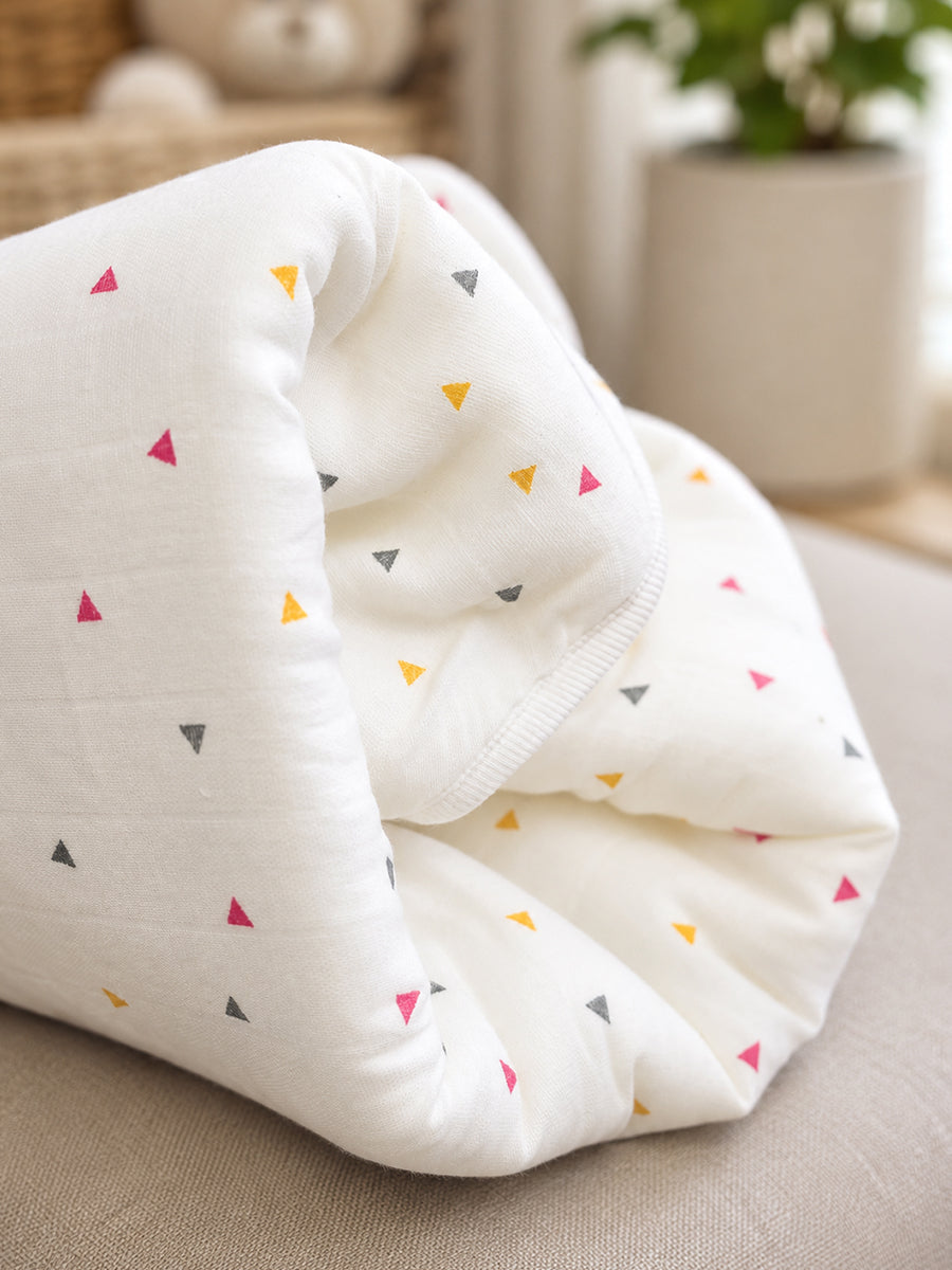 Ziva Premium Muslin Hooded Towel – Double Layer Muslin with Soft Fleece Core | Playful Triangles Print