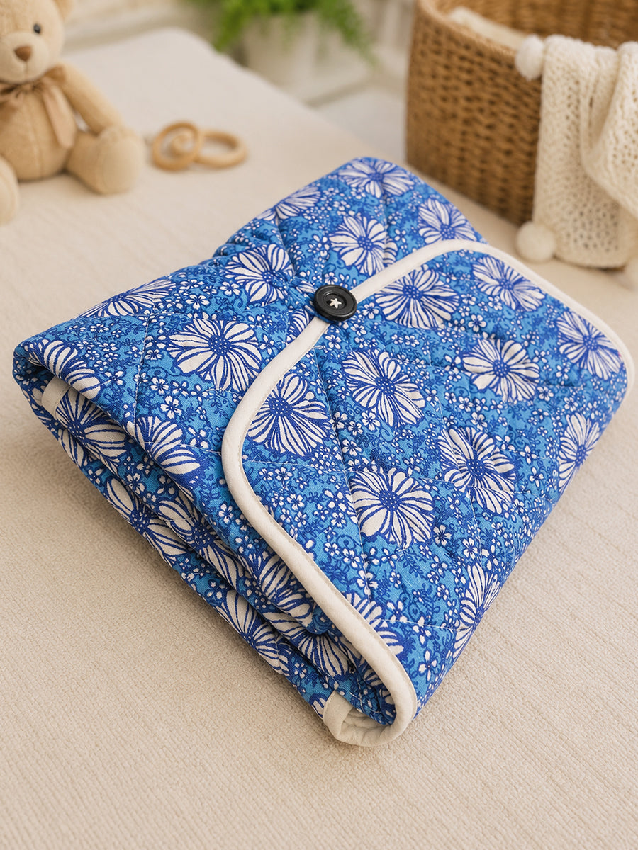 Ziva Baby Nappy & Diaper Changing Sheet – Foldable Travel Changing Mat with Storage Pocket | Blue Daisy Bloom Print