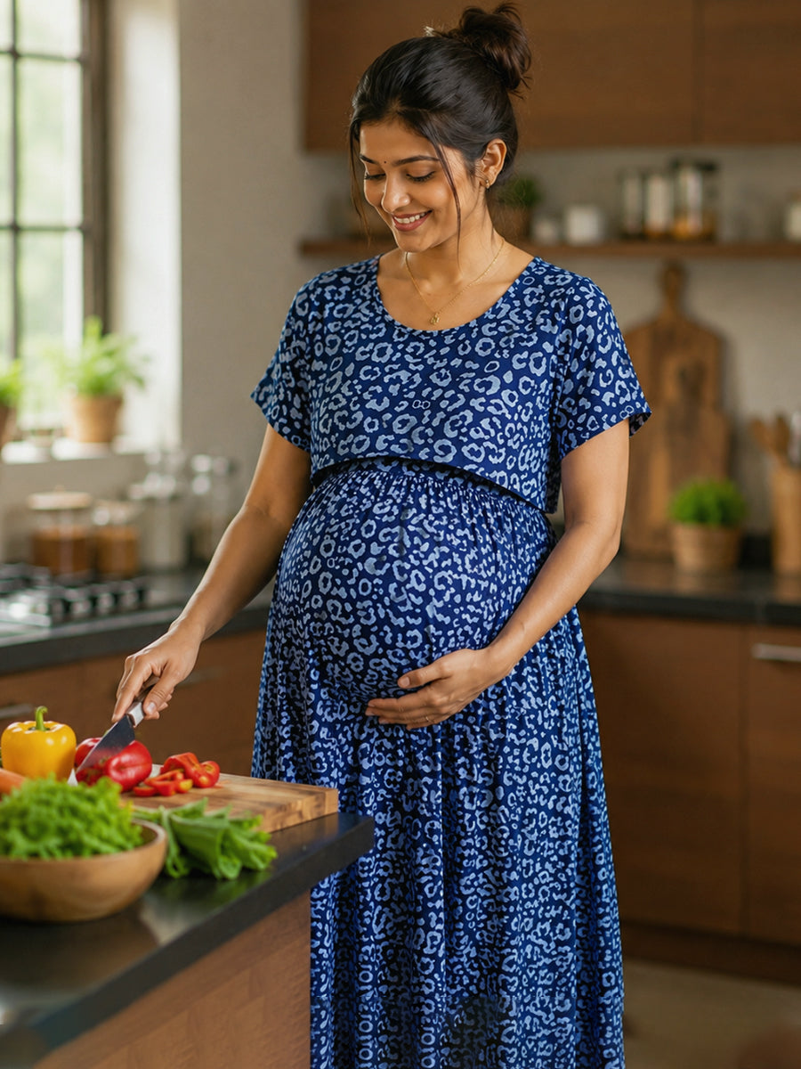 Ziva Zipless Maternity & Feeding Knitted Dress with Adjustable Tie & Side Pocket – Dark Blue Leopard Print