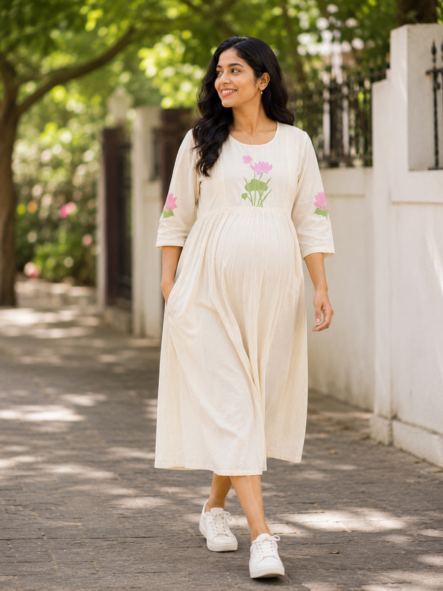 Ziva Onam Maternity & Feeding Dress | Onakodi | Light Cream Lotus Print | Invisible Feeding Zips & Side Pocket