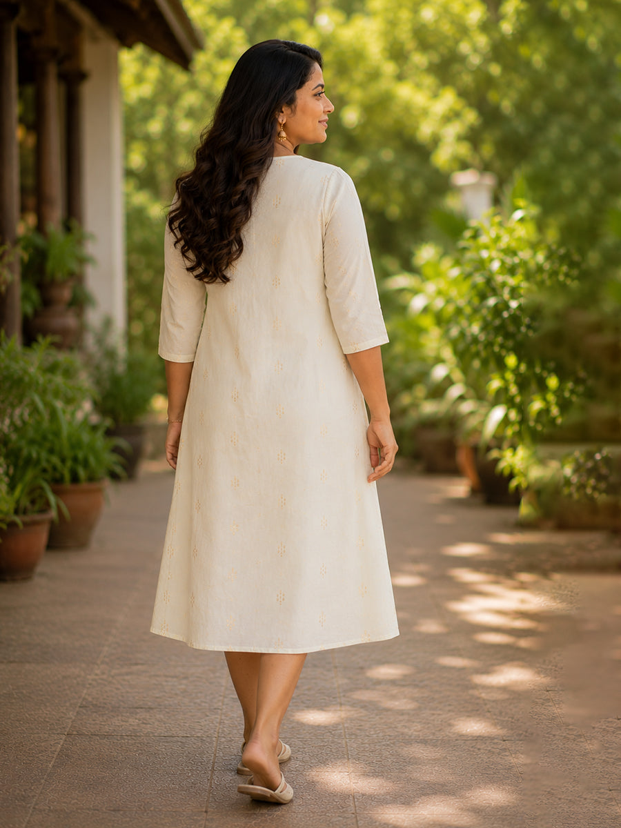 Ziva Onam Maternity & Feeding Dress | Onakodi | Light Cream Handloom Cotton with Designer Net Yoke | Invisible Feeding Zips & Side Pocket