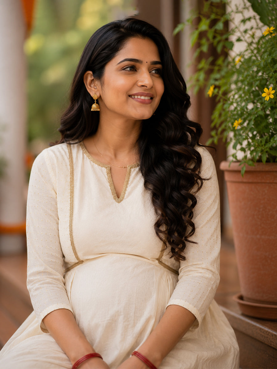 Ziva Onam Maternity & Feeding Dress | Onakodi | Light Cream Cotton with Festive Gold & Red Border | Invisible Feeding Zips & Side Pocket