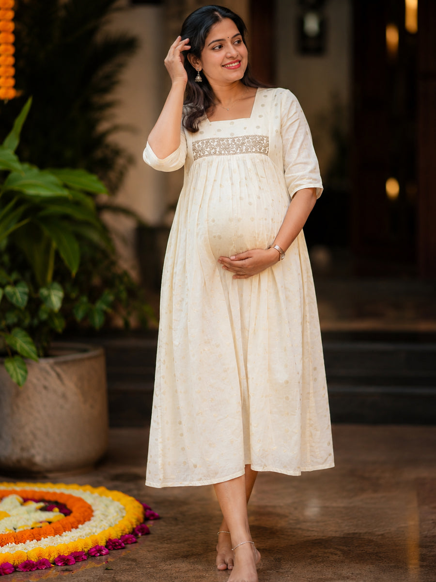Ziva Onam Maternity & Feeding Dress | Onakodi | Light Cream Gold Butta Textured Cotton | Invisible Feeding Zips & Side Pocket