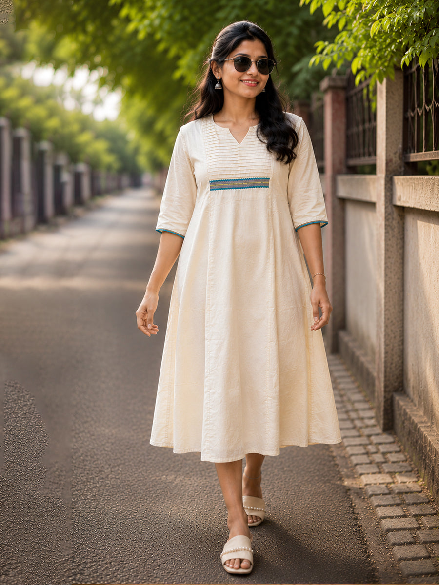 Ziva Onam Maternity & Feeding Dress | Onakodi | Light Cream with Blue & Gold Trim Lace | Invisible Feeding Zips & Side Pocket
