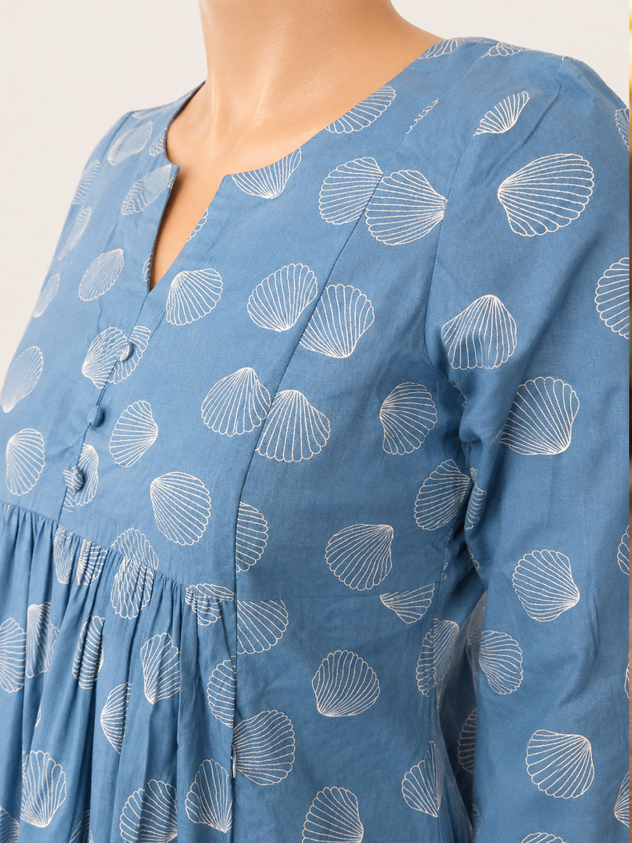 Ziva Maternity & Feeding Cotton Co-ord Set with Side Zips & Pockets – Teal Blue Seashell Print