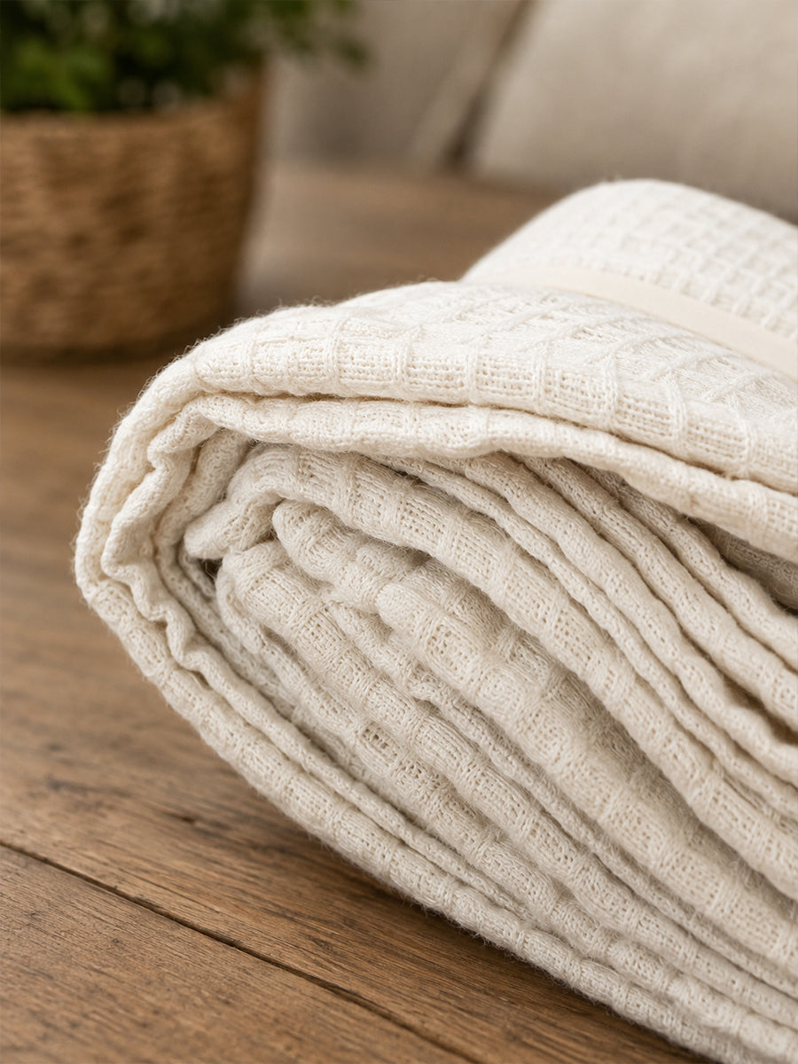 Ziva Premium Organic Cotton Waffle Blanket | Off White | Multipurpose Pregnancy to Family Blanket | Soft & Breathable| Size- King, Queen, Twin