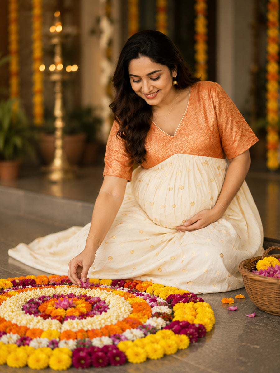 Ziva Onam Maternity & Feeding Dress | Onakodi | Off White Handloom Cotton with Orange-Gold Brocade Yoke | Gold Zari Motifs