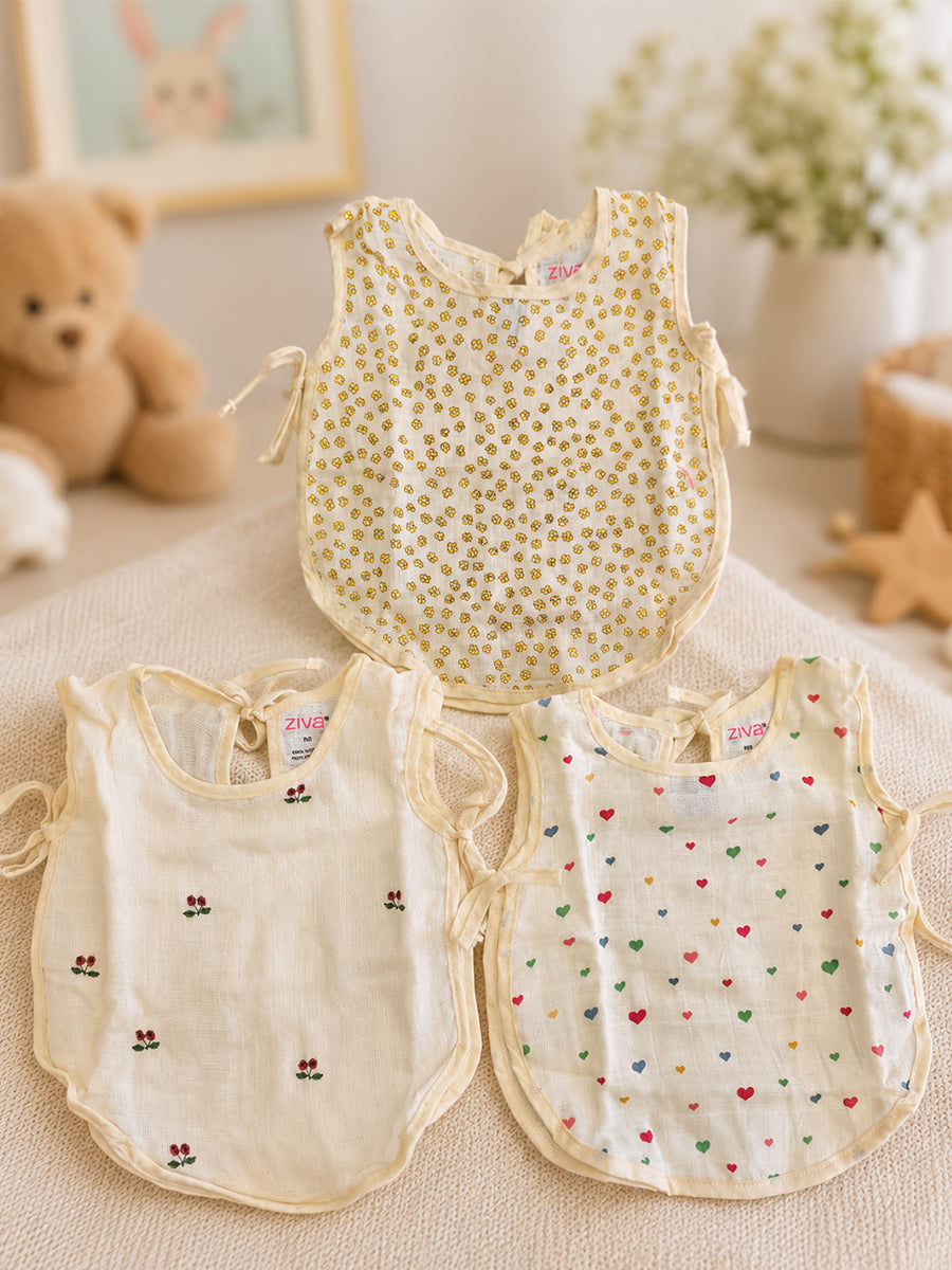 Ziva Premium Muslin Baby Jabla – Side Open Tie-Up | Pack of 3 Assorted Prints (Print Details: Check Product Description)