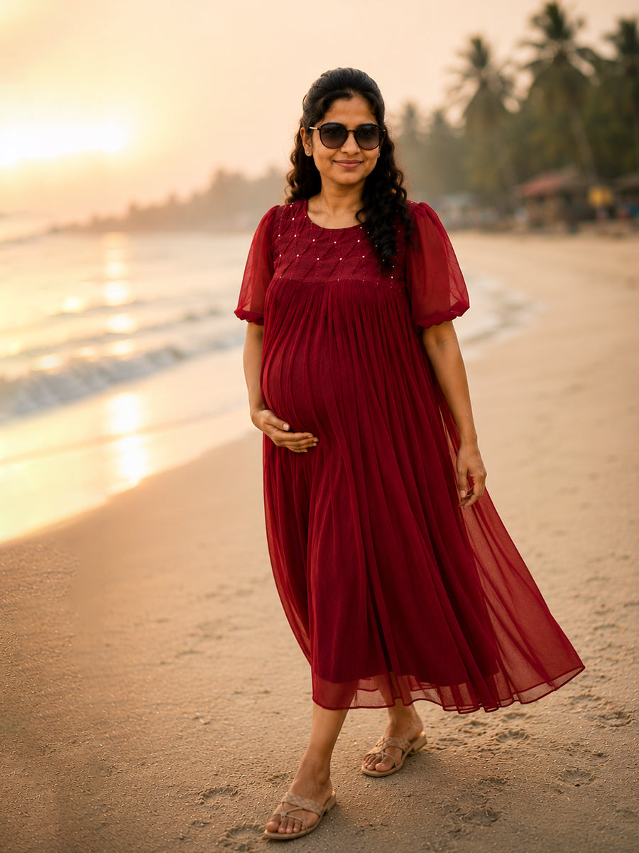 Ziva Maternity & Feeding Multipurpose Party Wear Dress – Dark Cherry Red | Concealed Feeding Zips
