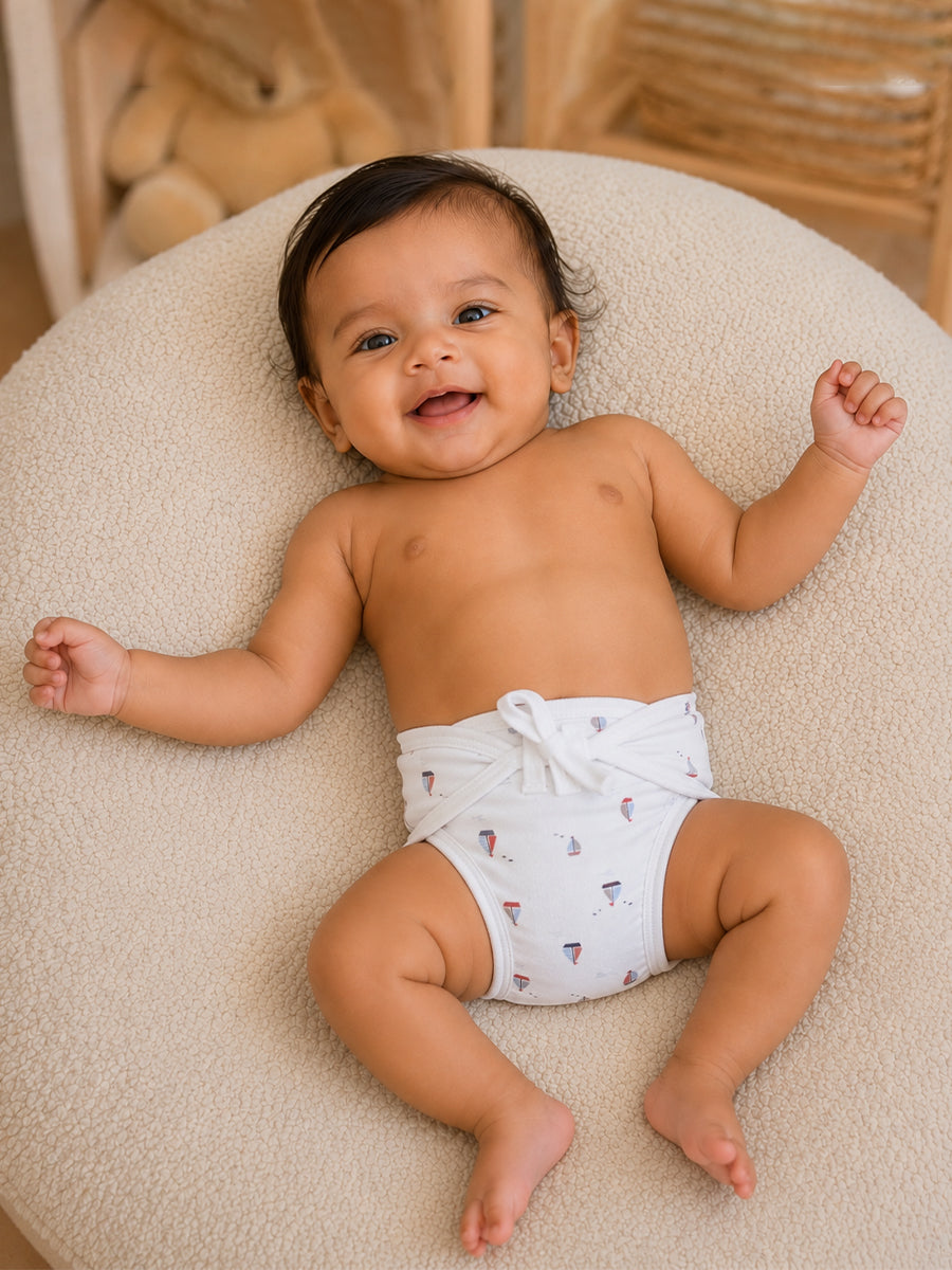 Ziva 3 Piece Nappy – Baby Boy | Premium Adjustable Tie Nappy | Knitted Cotton | Lightly Padded Attached Insert | Assorted Off-White Prints (Print Details: Check Product Description)